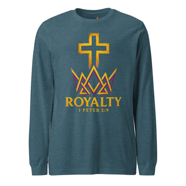 Heather teal Royalty Christian long sleeve – bold printed Kingdom front graphic